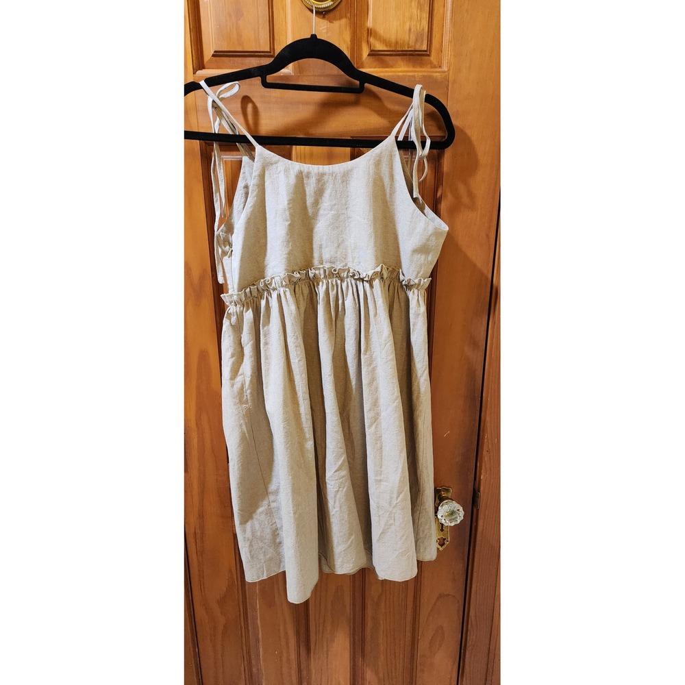 Commense Tan Cotton Linen Tie Shoulder Ruffle Empire Waist Mini Dress NWT Size M - Picture 2 of 7